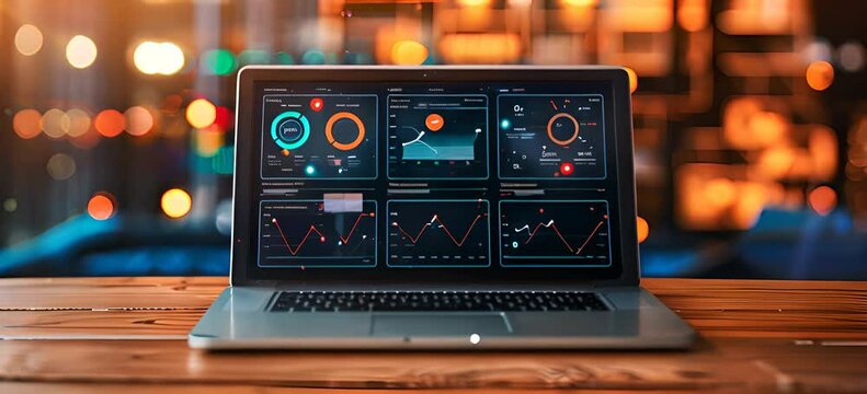 Laptop with dashboard on wooden table, graphs and charts for business data analysis concept. 