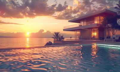 Futuristic luxury house in constructs style with open swimming pool at sea shore, illustration of a modern vacation home with infinity pool in the sunset view from a modern house with palm trees.