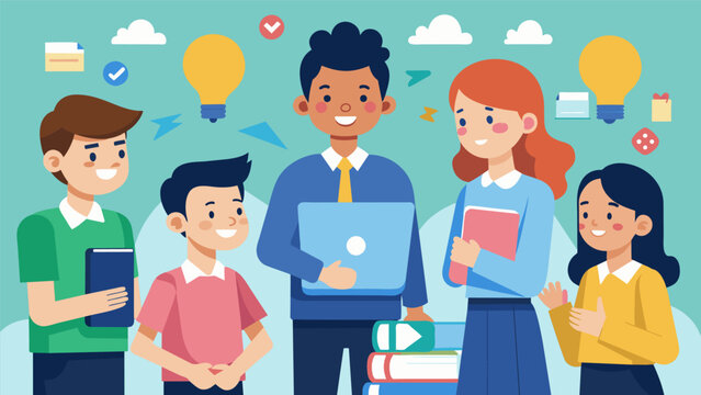 A panel of successful entrepreneurs sharing their stories with middle school students inspiring them to pursue their passions and turn them into careers.. Vector illustration