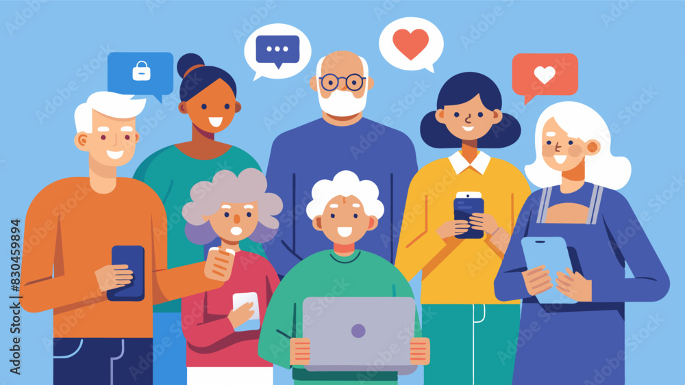 Poster a group of volunteers host a technology assistance program for the elderly helping them navigate new