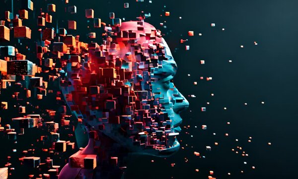 Abstract digital human head from cubes on a black background
