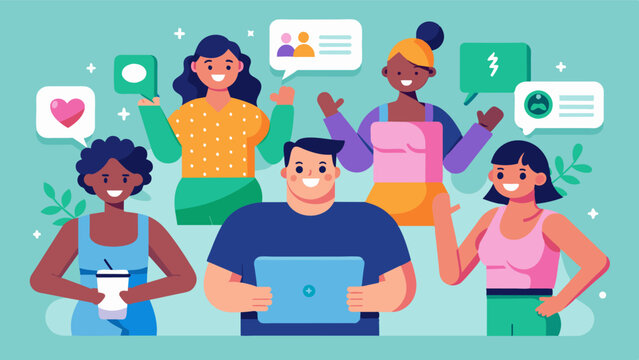 An online community of body positive fitness trainers sharing inspirational quotes and uplifting messages to empower their clients.. Vector illustration