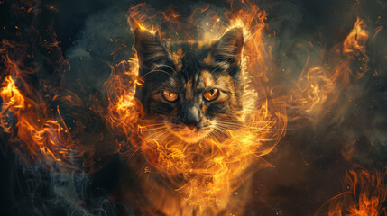 A cat surrounded by mystical flames, exuding an aura of power and mystery