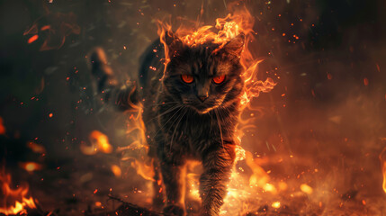 A fire-engulfed cat standing fearlessly, its eyes glowing with intensity
