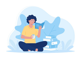 Educational learning  female students reading books and drinking coffee concept flat illustration