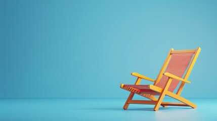 3D Minimalistic wooden deck chair with red cloth seat against blue background. Modern design and simplicity, perfect for relaxation concepts.