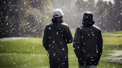 Golfers Braving the Stormy Weather in Waterproof Outerwear for an Outdoor Sport Adventure
