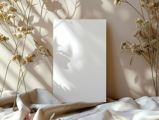 Mock up  white blank invitation card with flower branch, Modern neutral  beige color, minimal boho style, for birthday, party, wedding