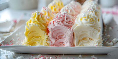 Colorful gourmet cupcakes with sweet icing and candy decoration meringue cookies in the kitchen table professional food Close-up delicious meringue cookies pastel colors background.
