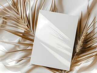 Mock up  white blank invitation card with gold palm leaf branch, Modern neutral  beige color, minimal boho style, for birthday, party, wedding