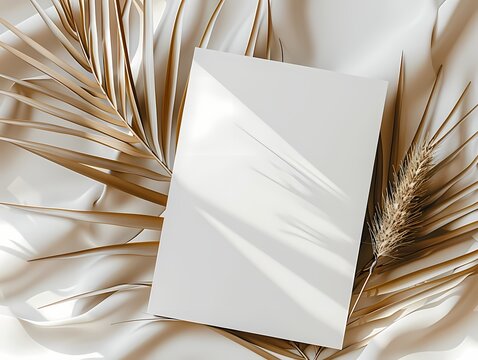 Mock up  white blank invitation card with gold palm leaf branch, Modern neutral  beige color, minimal boho style, for birthday, party, wedding
