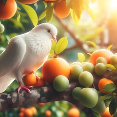 White pigeon sitting on the tree eating the fruit isolated.