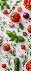 various vegetables and herbs on white background, top view