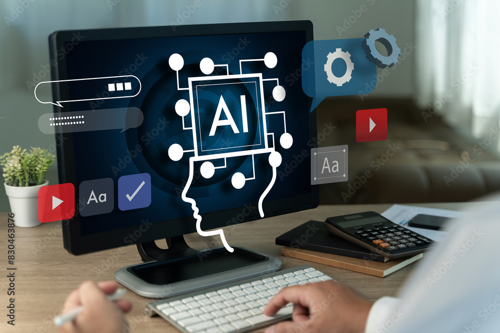 Poster businessman using computer generate ai, chat ai data analysis data online network artificial intelli