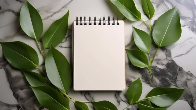 A blank spiral notebook placed on a marble surface, surrounded by fresh green leaves. The clean and minimalist composition creates a serene and natural aesthetic.