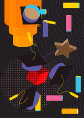 Graduation Cap, mortar board with geometrical graphic retro theme background. Minimal geometric elements. Vintage abstract shapes vector illustration.