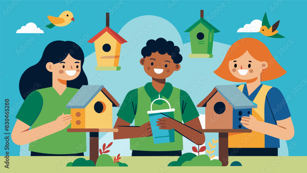 Poster during a science class students use recycled materials to create unique and functional birdhouses wh