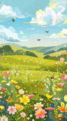 Colorful illustration of a vibrant meadow with flowers under a clear blue sky. Generate AI