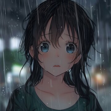 Una chica manga de pelo negro y largo, llorando bajo la lluvia