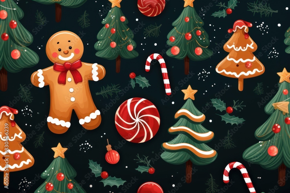 Wall mural Seamless christmas pattern gingerbread winter food. - Wall murals