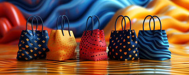 A row of five bags with different patterns and colors - Powered by Adobe
