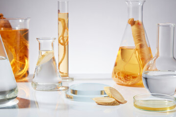 Close-up front view photo of ginseng ingredient theme in laboratory, ginseng extract and...