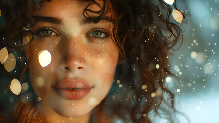 A young woman with curly hair capturing a self-portrait in an art studio with lights creating a bokeh effect.