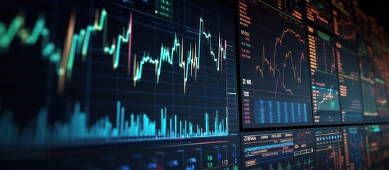 Abstract virtual financial graph hologram on monitor screen