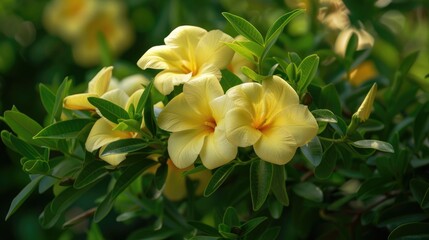 Obraz premium Allamanda flower with yellow blossoms and green foliage