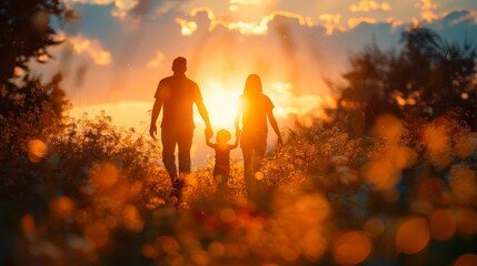 Silhouette of a family holding hands at sunset, mother, father, children, outdoor happiness, blurred nature background, generative ai