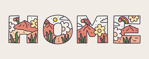 Home letter with nature mountain flower design inside for t-shirt, sticker, badge, and other use