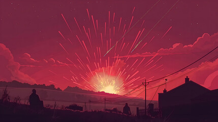 Night Sky Magic: Flat Vector Fireworks Over City Silhouettes
