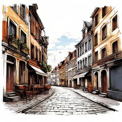 Downtown paving stone street with retail stores and luxury apartments