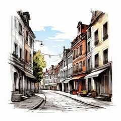 Obraz premium Downtown paving stone street with retail stores and luxury apartments