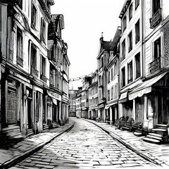 Naklejka premium Downtown paving stone street with retail stores and luxury apartments