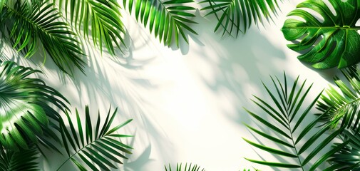 Tropical leaf shadows on white background, Minimal summer beach theme, Advertisement backdrop, Copy space for product, generative ai