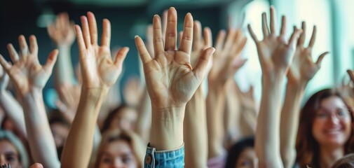 Volunteers raising hands in a community service event, ready to help, generative ai