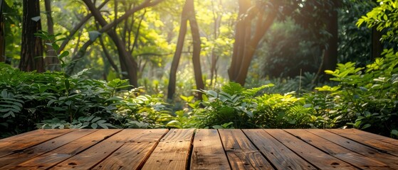 Wood table in nature park, outdoor product display, green garden background