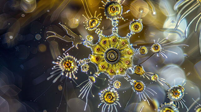 Close-up of actinophrys with radial axopods in pond water, bright light highlighting intricate details.