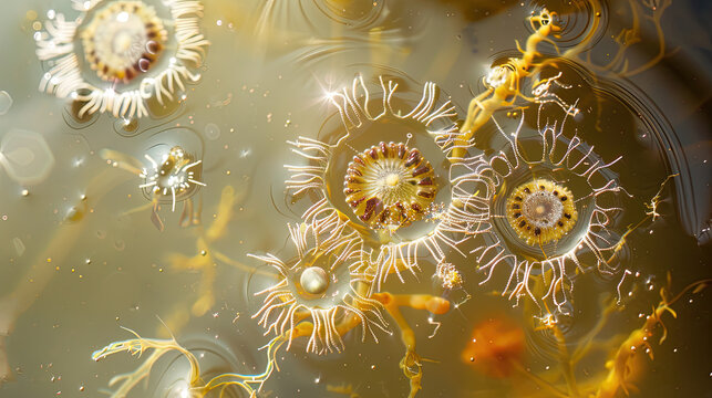 Close-up of actinophrys with radial axopods in pond water, bright light highlighting intricate details.