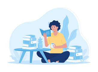 Young woman reading a book in library interior and drinking coffee concept flat illustration