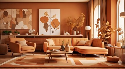 Beautiful retro living room in warm caramel autumn colors, Interior Design Ideas, Home Decoration, and generative AI.