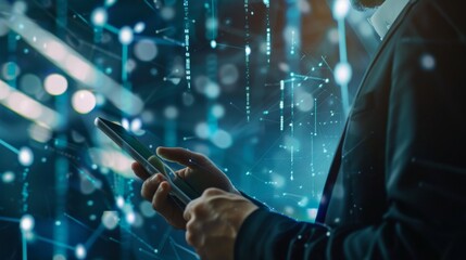 Businessman Holding Tablet Examining Virtual Blockchain Network with Floating Data Fields. Close-Up of Hands and Digital Interface Illustrating Modern Technology and Data Connectivity.