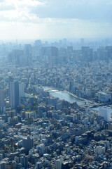 東京の街並みと東京タワー、東京の町並みとビジネス街、東京の町並みの上空撮影