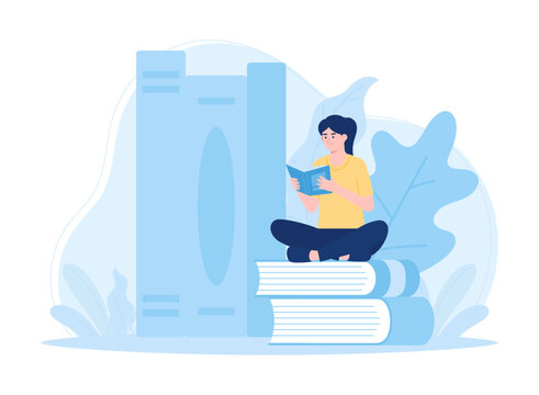 Reading education  female student sitting and reading a book concept flat illustration
