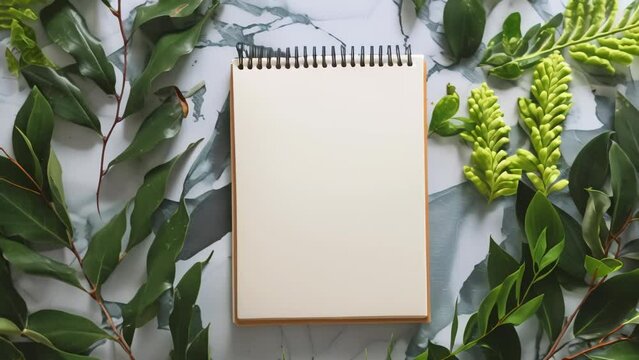 A blank spiral notebook placed on a marble surface, surrounded by fresh green leaves. The clean and minimalist composition creates a serene and natural aesthetic.
