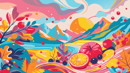 Fototapeta premium Colorful Abstract Fruity Landscape Illustration with Mountain Backdrop