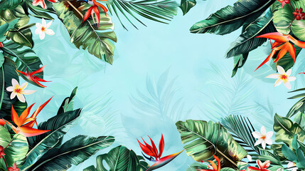 Tropical foliage and flowers on a turquoise background generated with AI