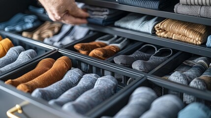 Concept of Closet Organization: Neatly Arranged Socks and Clothes in Drawers for an Orderly Wardrobe