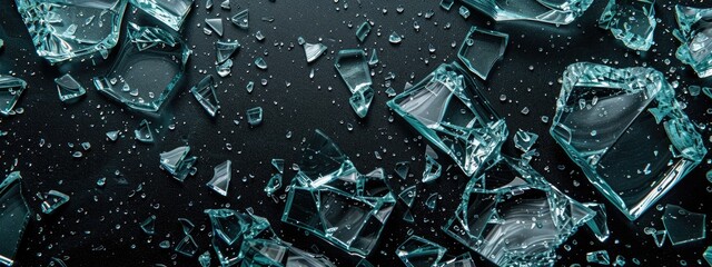 Shattered Glass Pieces on Black Background - High Resolution Close-Up
